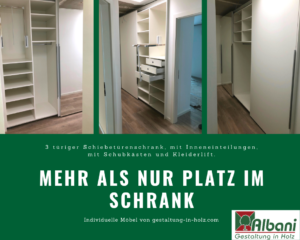 3 türiger Schiebetürenschrank, mit Inneneinteilungen, mit Schubkästen und Kleiderift.