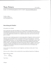 Bewerbungsschreiben von Tom Peters an Herrn Albani, datiert 21.11.2023.