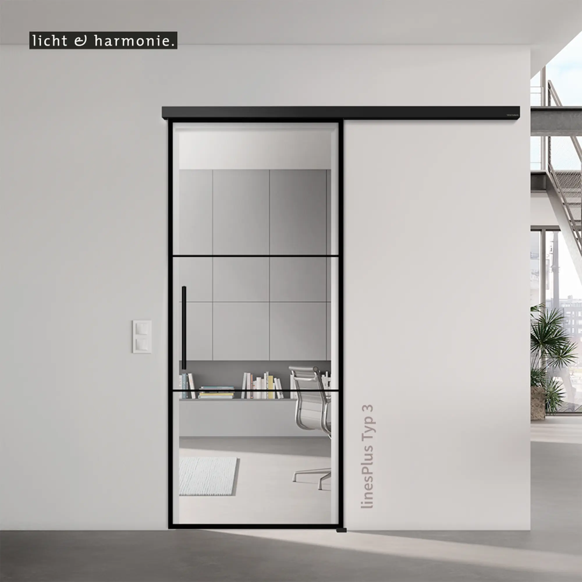 LinesPlus Typ 3 Glastür mit horizontaler Unterteilung und schwarzem Rahmen.
