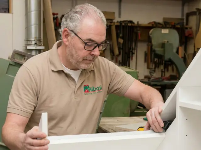Wir über uns 1 Handwerker bei der präzisen Montage eines maßgefertigten Möbelstücks in der Werkstatt von Gestaltung in Holz.